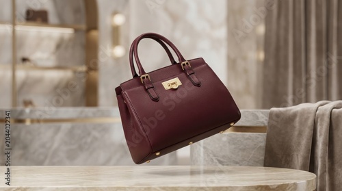 Luxury burgundy leather handbag on marble display, elegant designer purse with gold hardware, sophisticated fashion accessory in boutique interior