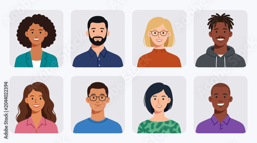 Foto Diverse Avatar Collection of Eight Multicultural People Portraits in Flat Vector Style, Perfect for Business Teams, Social Media Profiles, and Community Inclusivity Graphics