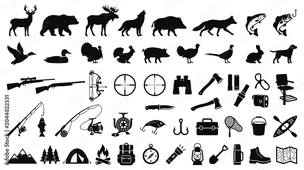 Fototapeta premium Comprehensive set of black silhouette icons for hunting, fishing, camping, and outdoor survival featuring wild animals, weapons, equipment, and nature elements isolated on a white background.