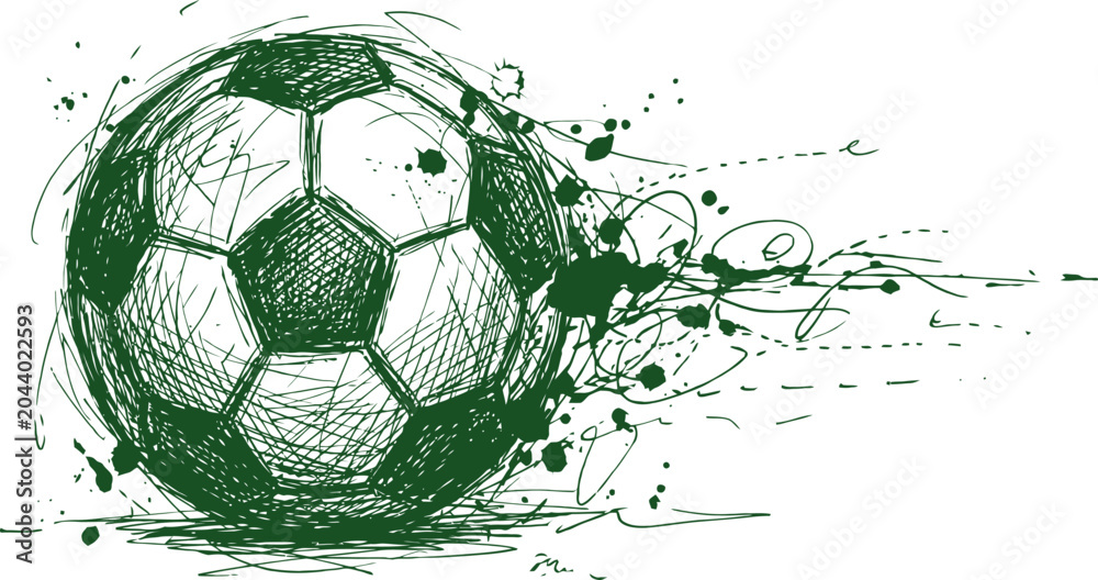Naklejka premium Hand-drawn soccer ball sketch with green ink splatters, artistic football vector illustration, dynamic sports ball graphic with motion lines
