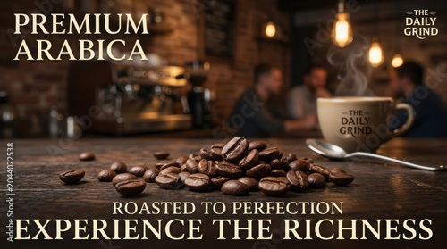 Premium Arabica roasted coffee beans on wooden table, steaming cup of coffee in rustic cafe, artisanal coffee shop interior with warm lighting