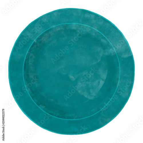 水彩風 シンプルなターコイズブルーのお皿 俯瞰イラスト / Watercolor simple turquoise blue dinner plate, top view illustration isolated	
