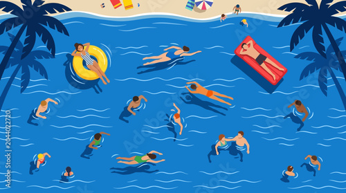 Canvastavla Aerial top view vector illustration of people swimming and relaxing in a blue tropical ocean beach during summer vacation with palm tree silhouettes and colorful swim gear