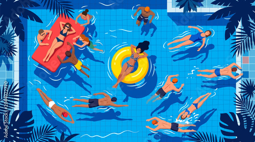 Foto Flat vector illustration of a crowded swimming pool seen from above with people swimming, sunbathing on colorful floats, and relaxing during summer holidays surrounded by tropical palm leaves