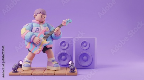 3D Cartoon Boy Playing Electric Guitar on Stage with Speakers