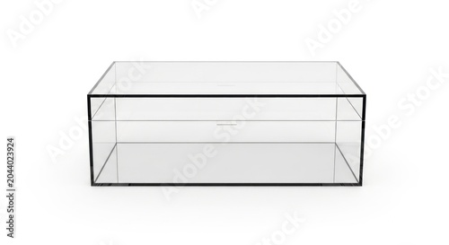 A transparent glass or acrylic rectangular coffee table with a black metal frame