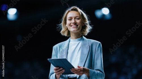 Happy female executive giving presentation on stage at business technology conference.
