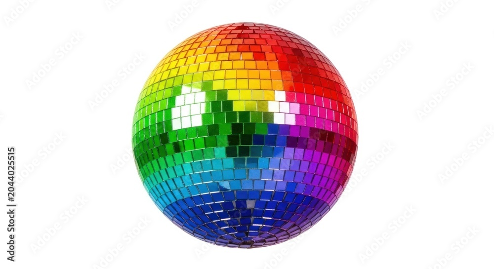 Fototapeta premium A shiny, rainbow-colored disco ball with mirrored tiles reflecting light