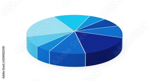 A 3D pie chart divided into eight segments of varying shades of blue
