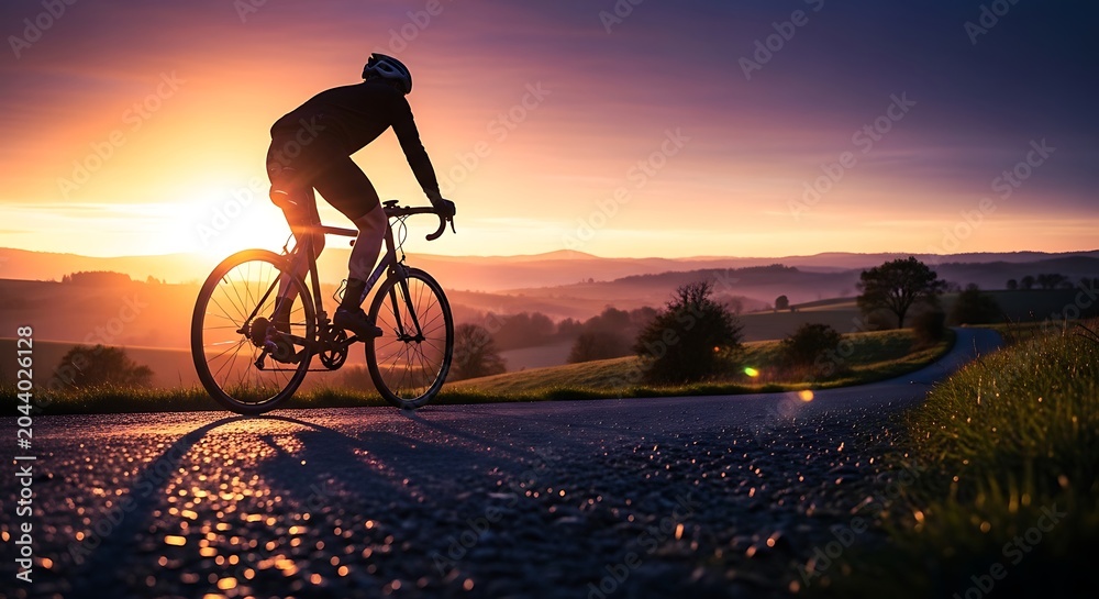 Obraz premium Cyclist Riding at Sunrise on Scenic Country Road