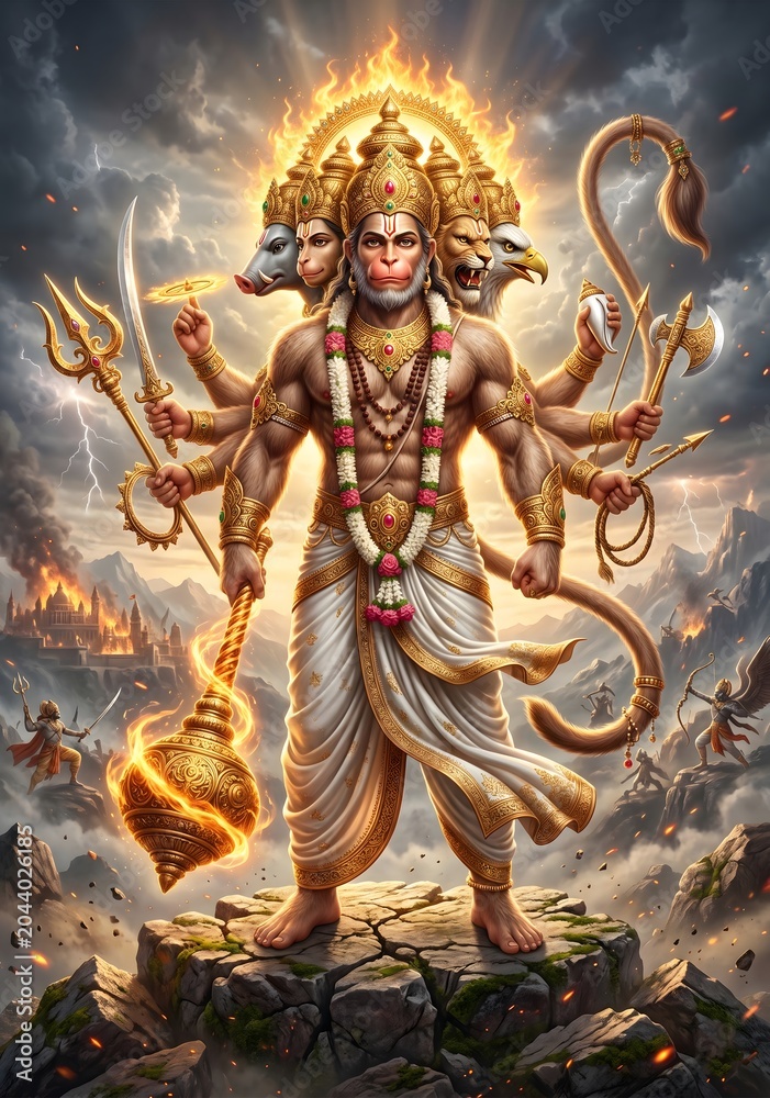 Fototapeta premium Panchmukhi hanuman deity holding burning mace in epic divine battlefield scene