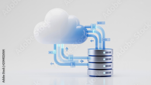 Cloud computing data flow to database server with arrows