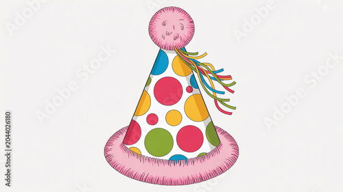 Colorful polka dot party hat with pink fluffy trim and streamers