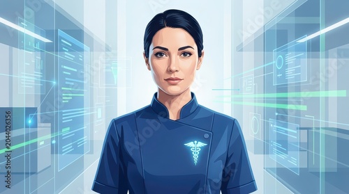 Blue Shirt Woman Standing Indoors for Professional Portraits