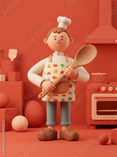 3D Cartoon Chef Holding Wooden Spoon in Kitchen