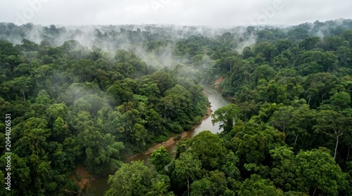 Lush Rainforest River Meandering Through Misty Wilderness