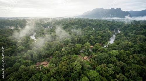 Lush Rainforest Waterfall Canopy Mist Forest Scene