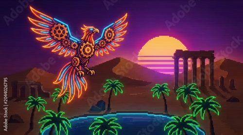 Phoenix Over Desert Oasis with Palm Trees High Fidelity Dreamscape