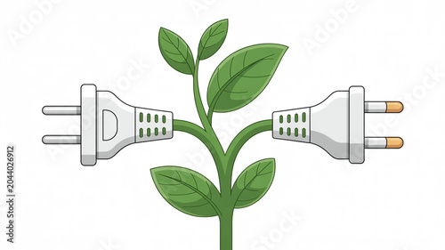 Green plant sprouting between two white electrical plugs representing eco-friendly power