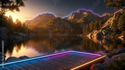 Scenic wooden dock on mountain lake at golden hour