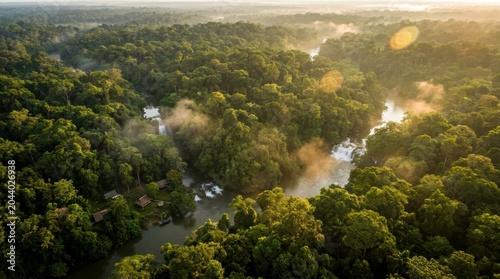 Serene Tropical Rainforest River Morning Mist Landscape Stock Photo