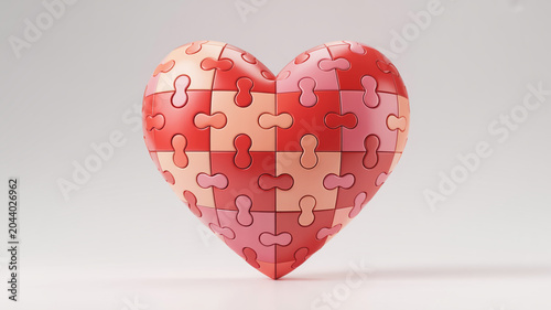 Heart shaped puzzle made of interlocking pieces in shades of red and pink