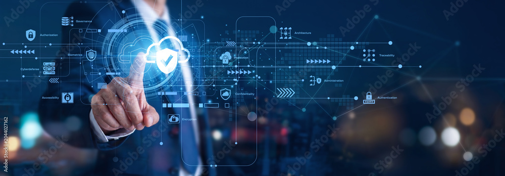 Naklejka premium Cloud Security protects data hosted on remote servers. A safety engineer hand touch Cloud Security icon to block threats. This encrypted network layer is a vital online protection concept.