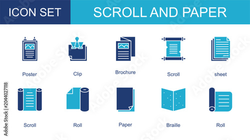 scroll and paper icon collection set. with Poster,Clip,Brochure,Scroll,sheet,Scroll,Roll