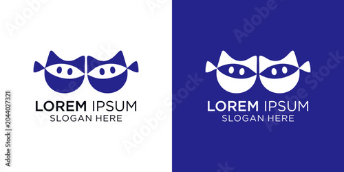 double cat ninja logo design, Modern logo design with fish and text on white and blue backgrounds