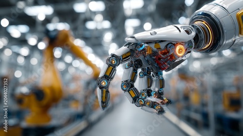 AI Robot Working in Modern Production Factory, Advanced Android Robot at Automated Manufacturing Line, Close Up of Intelligent Humanoid Machine Performing Industrial Tasks, Future Smart Technology, Ro