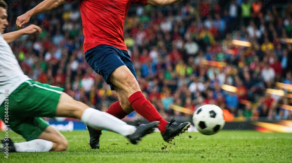 Naklejka premium Professional male soccer players in intense match action tackling for ball on green grass field stadium