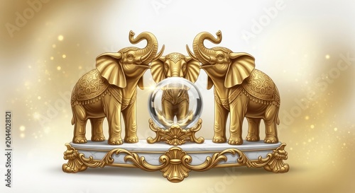 Golden Elephant Trio with Ornate Details and a Crystal Ball Reflection