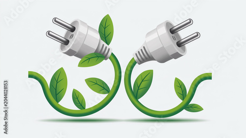 Two white electrical plugs forming a symmetrical with green vines and leaves