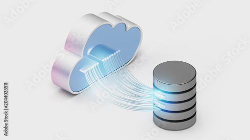 3D render of cloud data storage connecting to a server stack