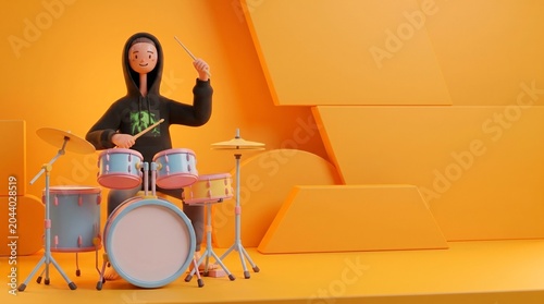 3D Cartoon Drummer Playing Drums on Stage