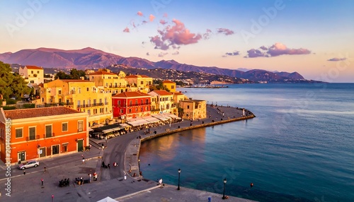 Coastal European town with colorful buildings alongside azure water and distant mountains at sunrise