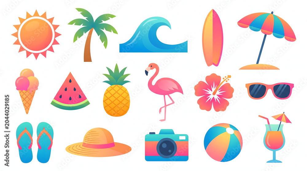 Fototapeta premium A vibrant summer beach icons set featuring vector illustrations of a sun, palm tree, umbrella, and sunglasses for tropical vacation and sea travel design
