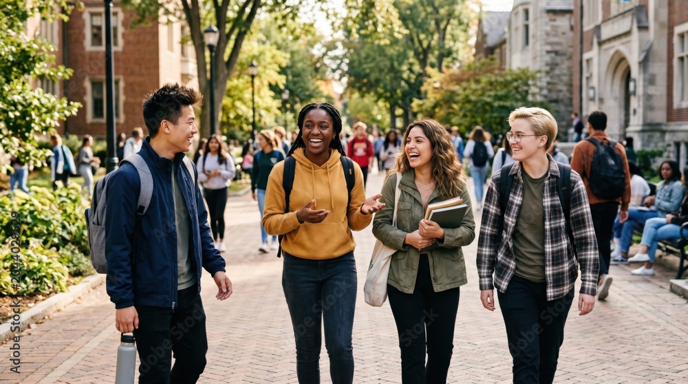 Obraz premium Diverse Group of Young Adult College Students Walking and Talking on University Campus Pathway