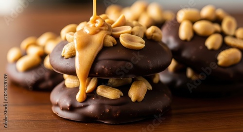 Mouthwatering chocolate cookies topped with roasted peanuts and drizzled with thick caramel sauce, perfect for a sweet treat.