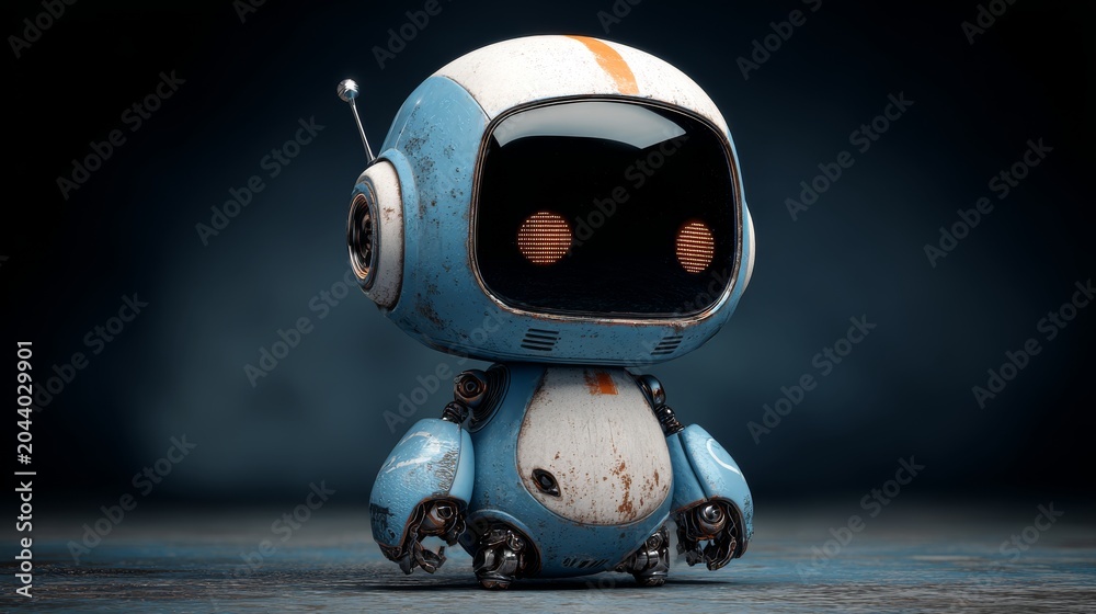 Fototapeta premium Cute ai robot character with friendly smile and expressive digital eyes, charming futuristic humanoid assistant standing in a clean modern environment, adorable artificial intelligence mascot represen