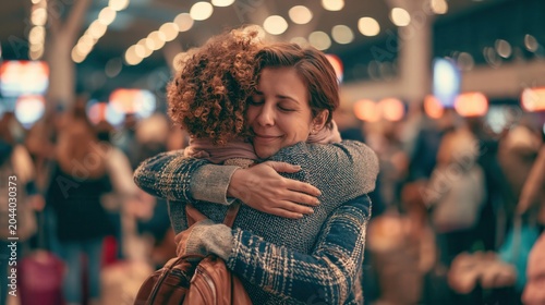 Two women sharing a heartfelt emotional hug at a busy airport terminal.