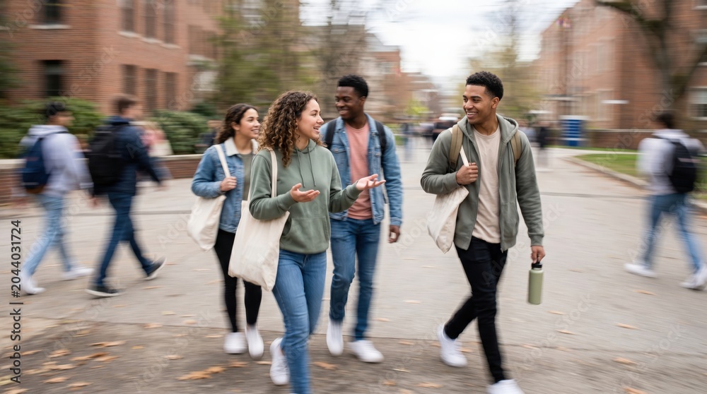 Fototapeta premium Diverse Group of College Students Walking and Talking on University Campus Pathway