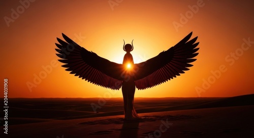 Egyptian Winged Goddess Silhouette Against a Fiery Desert Sunset