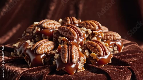 gourmet pecan pralines presented on rich brown velvet fabric, amber caramel gloss, toasted nut crowns, crumbed candy sides, luxurious textile folds, and moody celebration dessert styling scene