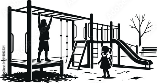 Schilderij op canvas Children Playing on Playground Equipment Silhouette Illustration Featuring Monke