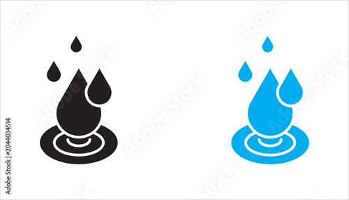 Creative water drop flame icon set, collection with outline and solid styles in black and blue colors. Modern abstract liquid and fire symbol for logo and branding design.
