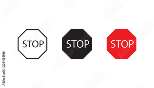 Vector stop sign icon set, collection featuring outline and solid styles in red color. Traffic warning and road safety symbol isolated on white background for UI, app, web, and signage design.