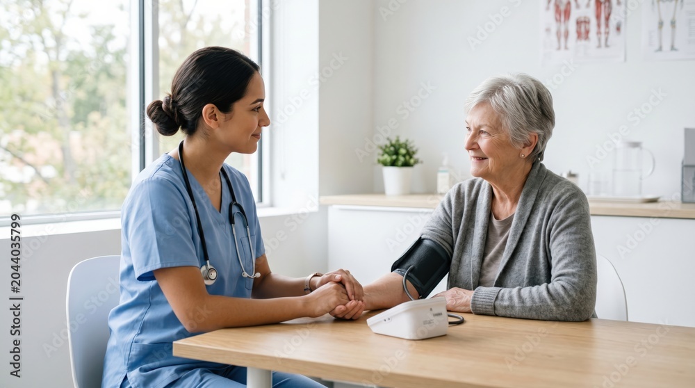 Fototapeta premium Compassionate Nurse Holding Hands with Senior Patient During Blood Pressure Checkup in Medical Clinic