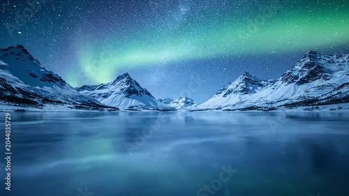 Stunning night sky over snowy mountains and icy lake with aurora borealis
