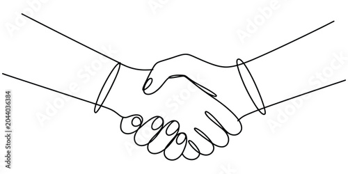 Continuous single line drawing of two hands shaking for a business agreement